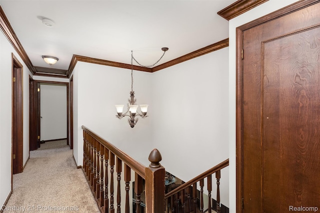 9601 Kier Rd, Holly, MI 48442 - hall featuring crown molding, a chandelier, an upstairs landing, and light carpet