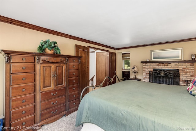 9601 Kier Rd, Holly, MI 48442 - carpeted bedroom featuring ornamental molding and a brick fireplace