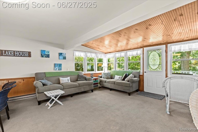 1500 Clark Lake Rd, Brighton, MI 48114 - living area with healthy amount of natural light, carpet flooring, baseboard heating, wooden ceiling, and wainscoting