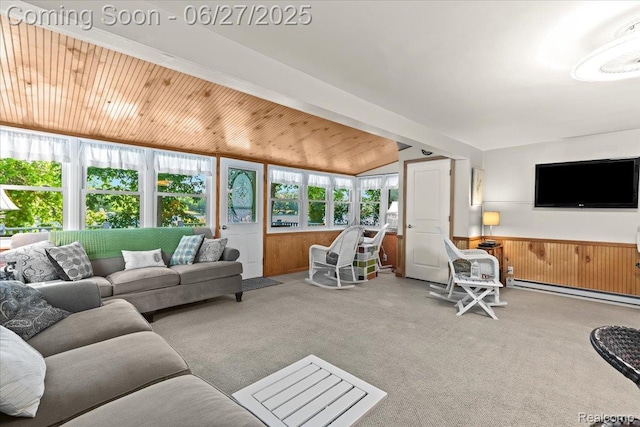 1500 Clark Lake Rd, Brighton, MI 48114 - carpeted living room featuring a wainscoted wall, wood walls, and a baseboard heating unit
