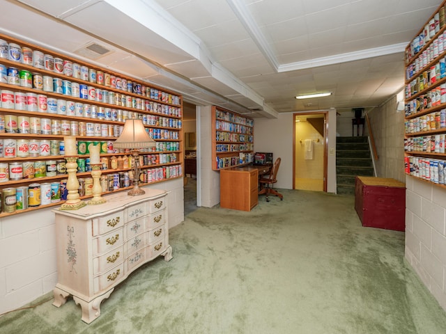 2805 Winchell Ave, Kalamazoo, MI 49008 - misc room featuring stairway, carpet floors, and concrete block wall