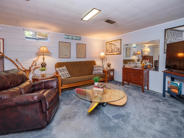 2805 Winchell Ave, Kalamazoo, MI 49008 - carpeted living area featuring concrete block wall