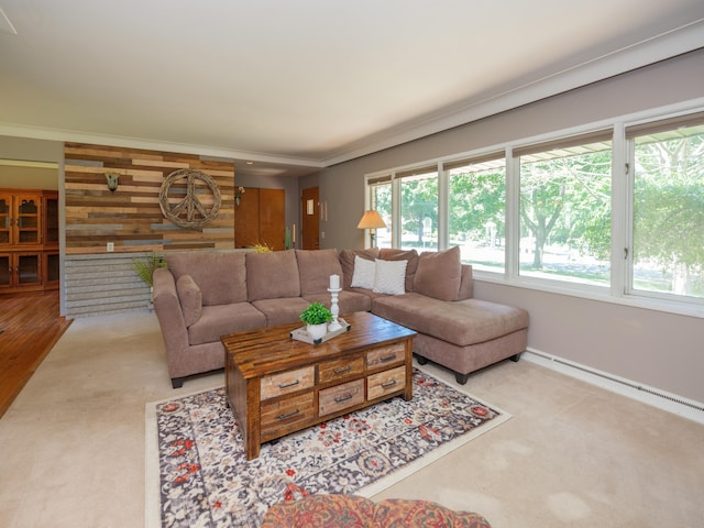 2805 Winchell Ave, Kalamazoo, MI 49008 - carpeted living area featuring plenty of natural light, ornamental molding, and wood walls