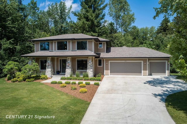 2985 E Iron Woods Pass, Midland, MI 48642 - prairie-style house featuring a garage, driveway, a front lawn, a porch, and stone siding