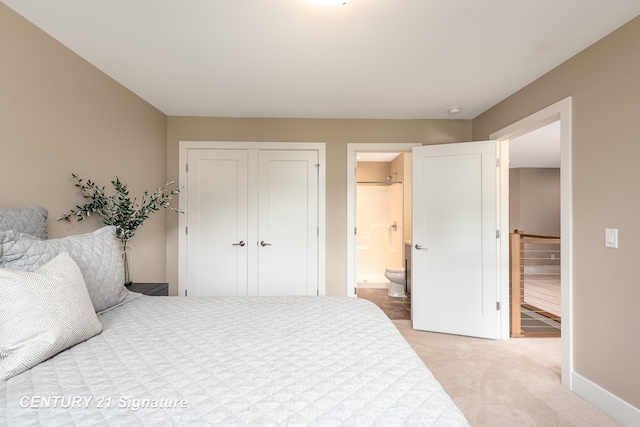 2985 E Iron Woods Pass, Midland, MI 48642 - bedroom featuring light colored carpet, a closet, and ensuite bath