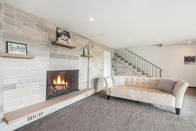 2507 Riverwood Ter, Saint Joseph, MI 49085 - living room featuring carpet, recessed lighting, a stone fireplace, and stairway