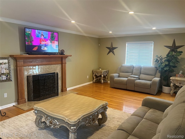 36339 Cecilia Dr, Sterling Heights, MI 48312 - living room with crown molding, wood finished floors, recessed lighting, and a high end fireplace