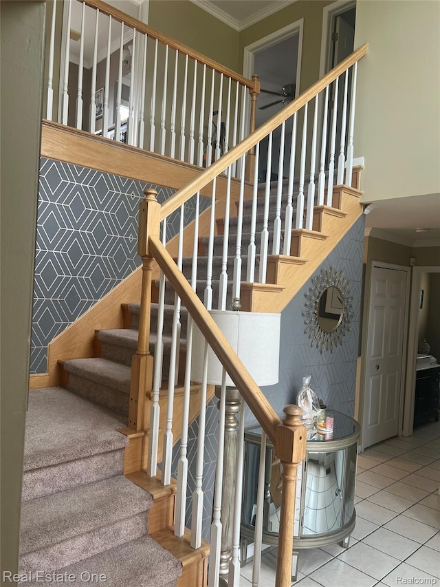 36339 Cecilia Dr, Sterling Heights, MI 48312 - stairs with crown molding, a ceiling fan, and tile patterned floors