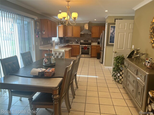 36339 Cecilia Dr, Sterling Heights, MI 48312 - dining room with light tile patterned floors, a chandelier, ornamental molding, and recessed lighting