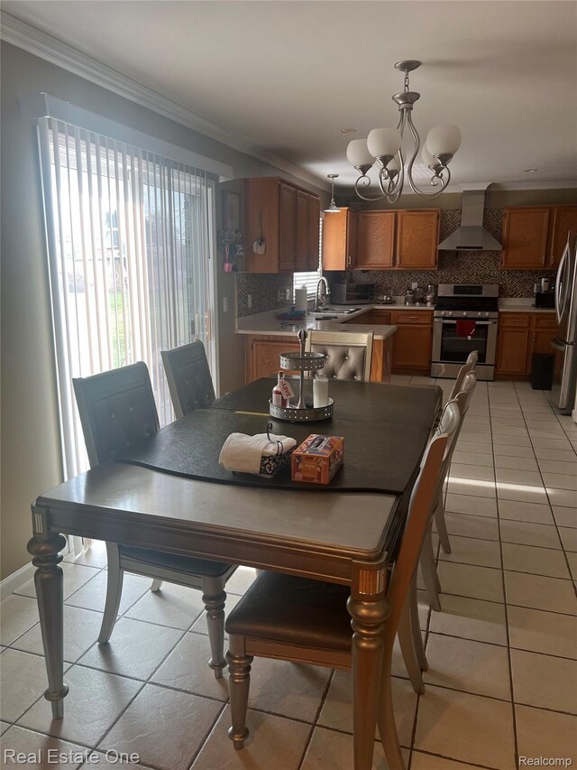 36339 Cecilia Dr, Sterling Heights, MI 48312 - dining room with light tile patterned floors, crown molding, and a chandelier