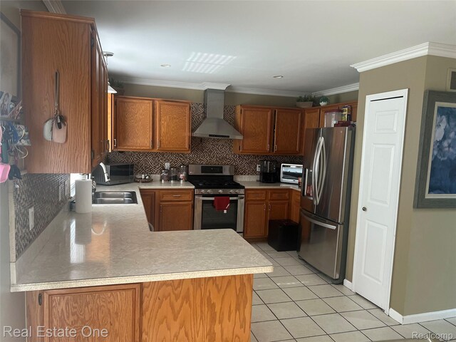 36339 Cecilia Dr, Sterling Heights, MI 48312 - kitchen featuring appliances with stainless steel finishes, wall chimney exhaust hood, light countertops, light tile patterned flooring, and crown molding