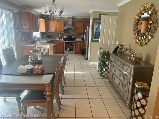 36339 Cecilia Dr, Sterling Heights, MI 48312 - dining space featuring light tile patterned flooring, a chandelier, and ornamental molding
