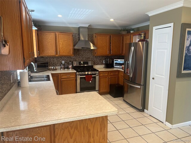 36339 Cecilia Dr, Sterling Heights, MI 48312 - kitchen with stainless steel appliances, wall chimney exhaust hood, light countertops, crown molding, and decorative backsplash