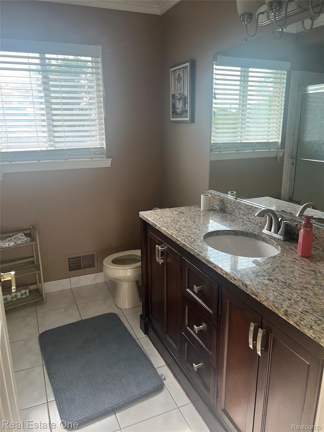 36339 Cecilia Dr, Sterling Heights, MI 48312 - full bath featuring vanity, tile patterned floors, a stall shower, crown molding, and a chandelier