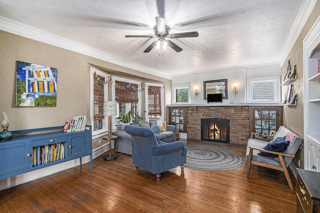 2313 S Westnedge Ave, Kalamazoo, MI 49008 - living room with a textured ceiling, a textured wall, hardwood / wood-style flooring, crown molding, and a ceiling fan
