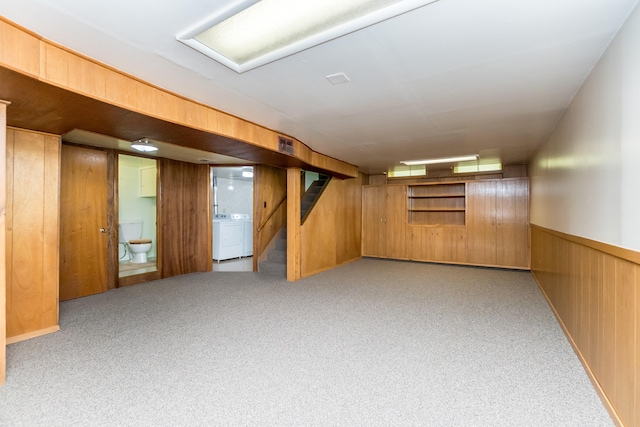 36067 Rolf St, Westland, MI 48186 - finished basement with wood walls, carpet, washer / clothes dryer, and stairs