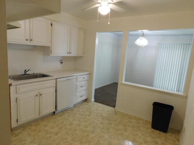 448 Fox Hills Dr S Unit 3, Bloomfield Hills, MI 48304 - kitchen with white dishwasher, white cabinetry, a ceiling fan, light countertops, and light floors