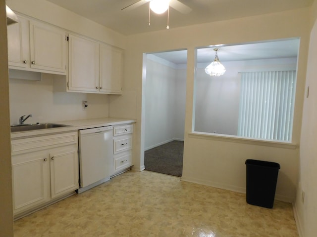 448 Fox Hills Dr S Unit 3, Bloomfield Hills, MI 48304 - kitchen with white dishwasher, light floors, white cabinetry, and a ceiling fan