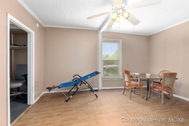 1523 Broadway Ave NW, Grand Rapids, MI 49504 - game room featuring a textured ceiling, wood finished floors, ornamental molding, and ceiling fan
