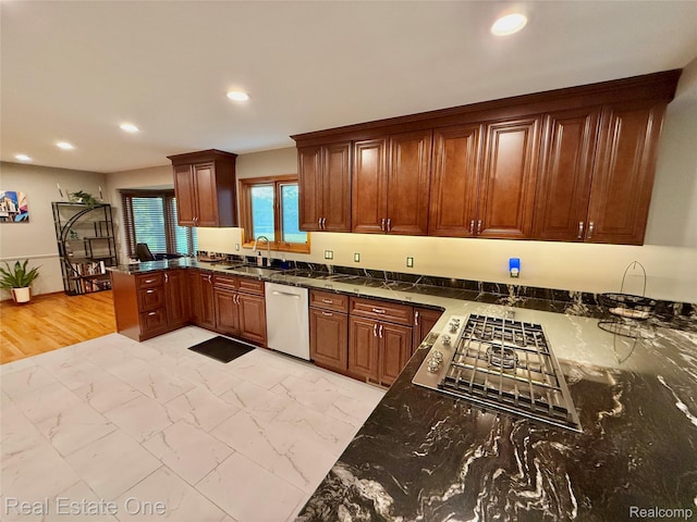 2546 Limerick Ln, Troy, MI 48098 - kitchen with dishwasher, stainless steel gas cooktop, light marble finish floors, recessed lighting, and dark stone countertops