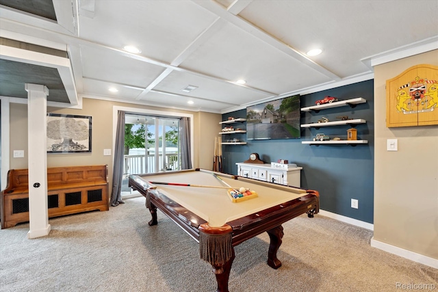 6201 Academy Dr, Brighton, MI 48116 - playroom featuring light carpet, billiards, recessed lighting, coffered ceiling, and ornamental molding