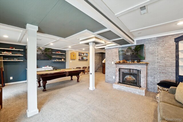6201 Academy Dr, Brighton, MI 48116 - playroom with carpet floors, a brick fireplace, billiards, beam ceiling, and coffered ceiling