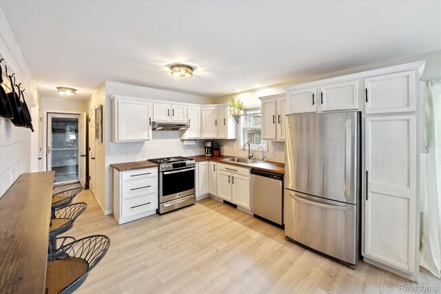6201 Academy Dr, Brighton, MI 48116 - kitchen with stainless steel appliances, under cabinet range hood, light wood finished floors, tasteful backsplash, and white cabinetry