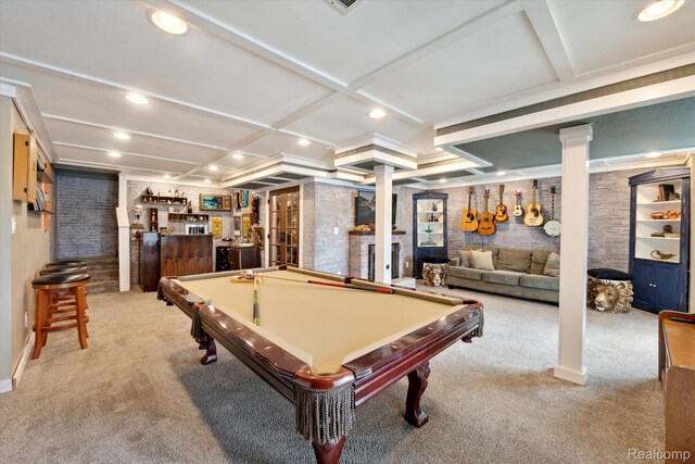 6201 Academy Dr, Brighton, MI 48116 - recreation room with carpet, a dry bar, pool table, coffered ceiling, and recessed lighting