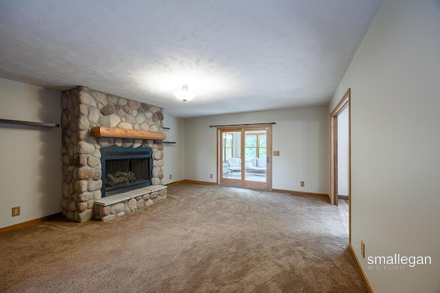 3192 W Sisson Rd, Freeport, MI 49325 - unfurnished living room with carpet, a fireplace, and a textured ceiling