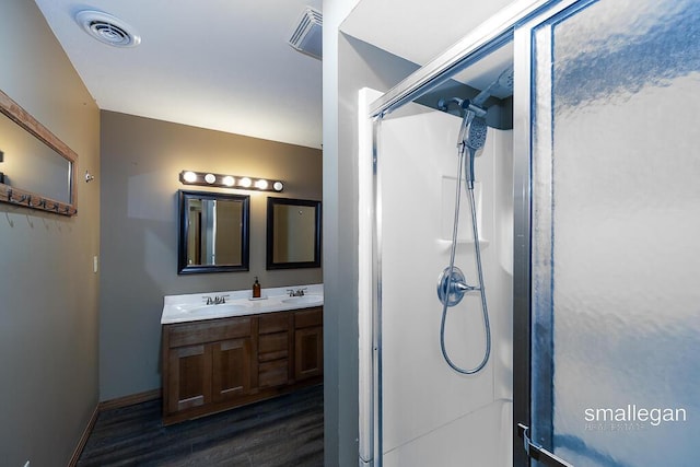 3192 W Sisson Rd, Freeport, MI 49325 - bathroom featuring wood finished floors, a shower stall, and double vanity