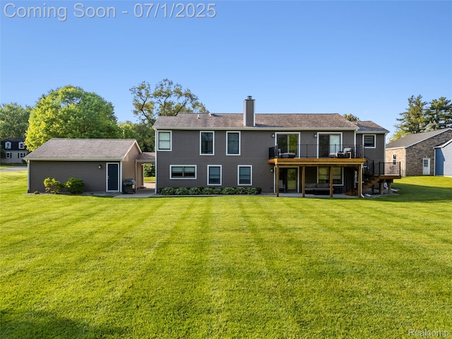 5131 Navajo Trl, Pinckney, MI 48169 - rear view of house with a wooden deck, a chimney, a yard, and a patio