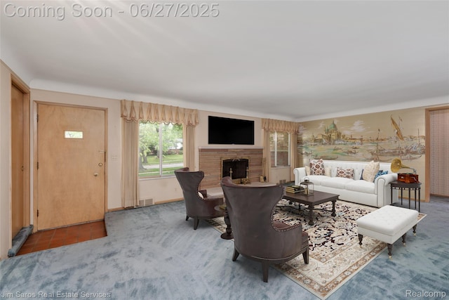693 Anita Ave, Grosse Pointe Woods, MI 48236 - living area featuring carpet and a brick fireplace