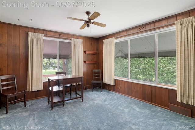 693 Anita Ave, Grosse Pointe Woods, MI 48236 - living area with wood walls, a ceiling fan, healthy amount of natural light, and carpet