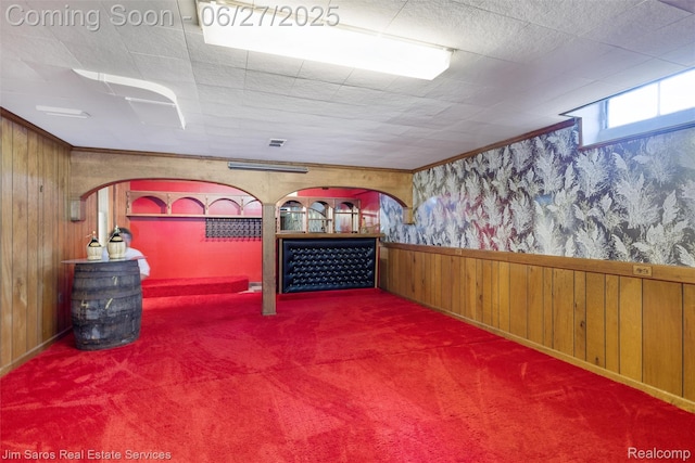 693 Anita Ave, Grosse Pointe Woods, MI 48236 - below grade area with carpet floors, wooden walls, a wainscoted wall, and wallpapered walls