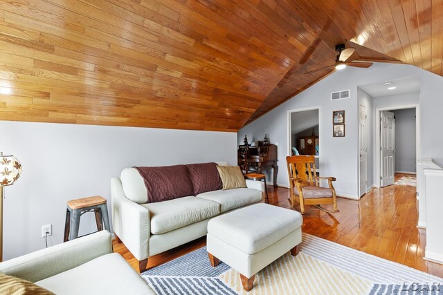 680 Breyman Hwy, Tipton, MI 49287 - living area with a ceiling fan, wood-type flooring, wooden ceiling, and vaulted ceiling