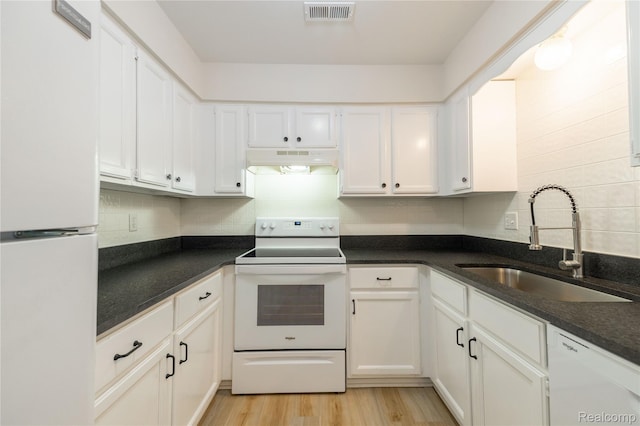 10228 Nancys Blvd Unit 33, Grosse Ile, MI 48138 - kitchen featuring white appliances, under cabinet range hood, white cabinets, and decorative backsplash