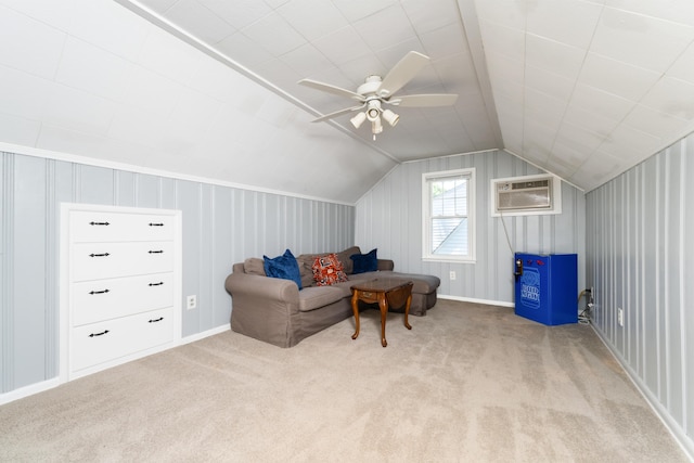 1608 Cambridge Dr, Kalamazoo, MI 49001 - living area with carpet, a wall unit AC, vaulted ceiling, and ceiling fan
