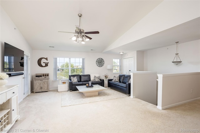 29611 Fox Run Cir, Warren, MI 48092 - living room featuring lofted ceiling, light carpet, and ceiling fan