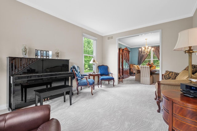 6380 Mcgillicuddy Ln, Portage, MI 49024 - carpeted living room featuring ornamental molding and a chandelier
