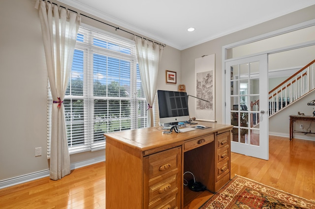 6380 Mcgillicuddy Ln, Portage, MI 49024 - office featuring light wood-style floors, crown molding, and recessed lighting