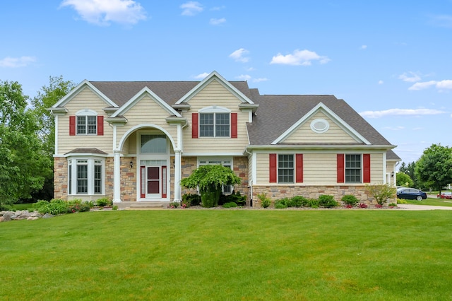 6380 Mcgillicuddy Ln, Portage, MI 49024 - view of front of home with stone siding, a front yard, and a shingled roof