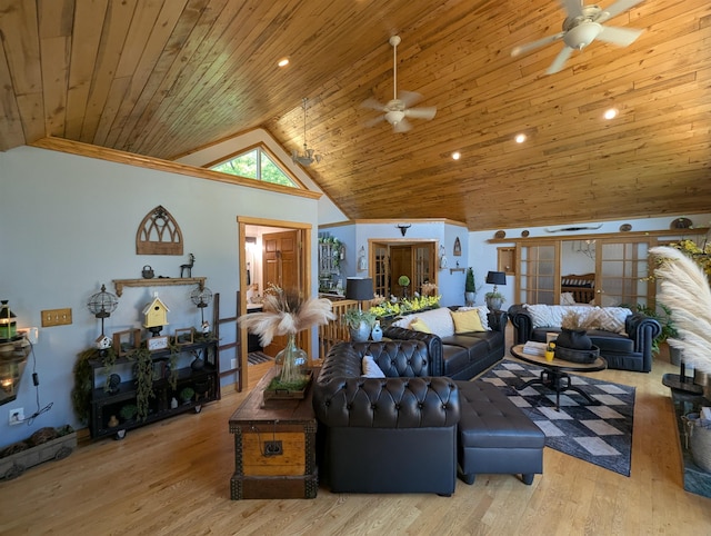 2740 Booth Rd, Au Gres, MI 48703 - living area featuring ceiling fan, vaulted ceiling, wood ceiling, wood finished floors, and recessed lighting