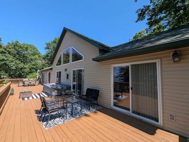 2740 Booth Rd, Au Gres, MI 48703 - wooden terrace featuring grilling area and outdoor lounge area