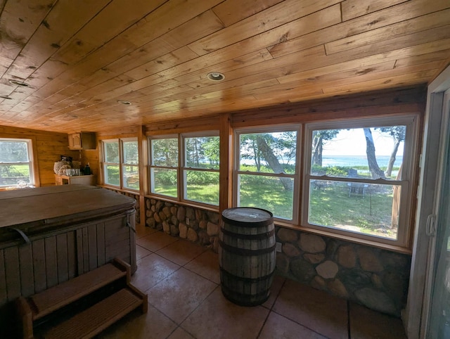2740 Booth Rd, Au Gres, MI 48703 - sunroom featuring wooden ceiling, a hot tub, and tile patterned floors