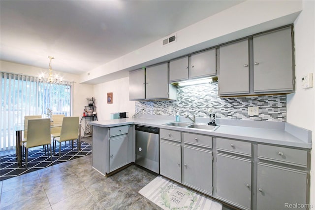 6397 Hunter Pointe St, Westland, MI 48185 - kitchen featuring dishwasher, gray cabinets, a chandelier, tasteful backsplash, and a peninsula