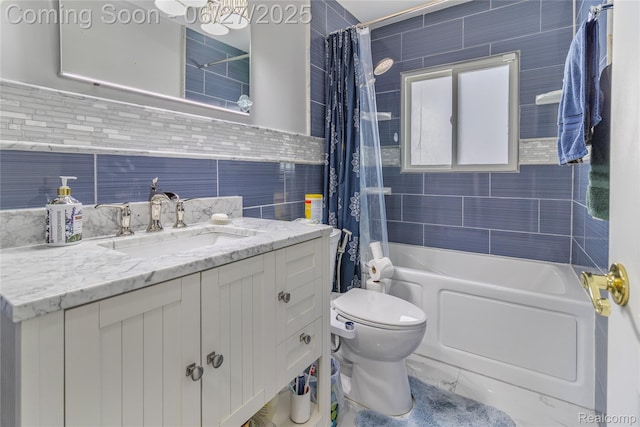 3901 Westpoint St, Dearborn Heights, MI 48125 - full bathroom with vanity, shower / bath combo with shower curtain, tile walls, and marble finish flooring