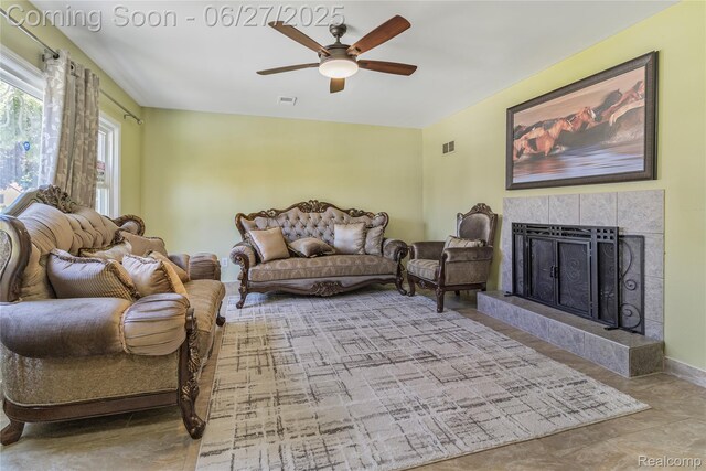3901 Westpoint St, Dearborn Heights, MI 48125 - living room with a ceiling fan and a tiled fireplace