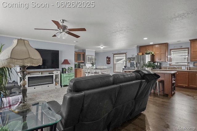 26317 Cherokee E, Flat Rock, MI 48134 - living area with a ceiling fan, dark wood-type flooring, ornamental molding, recessed lighting, and a textured ceiling