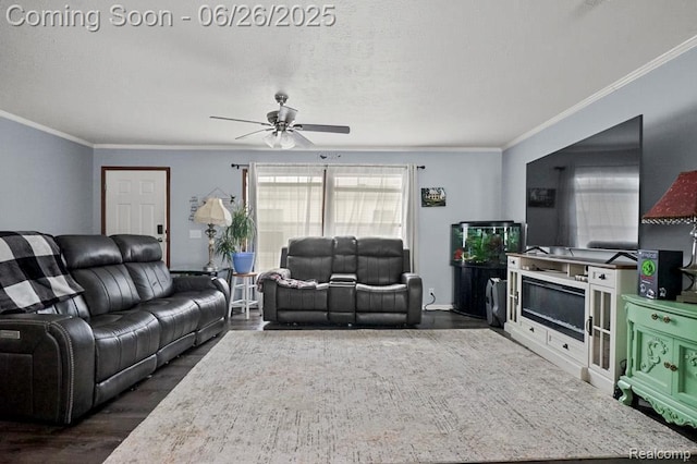 26317 Cherokee E, Flat Rock, MI 48134 - living area with dark wood finished floors, ceiling fan, and crown molding