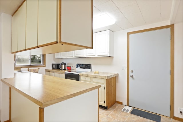 8075 Caine Rd, Millington, MI 48746 - kitchen featuring electric range, a peninsula, and light tile patterned flooring